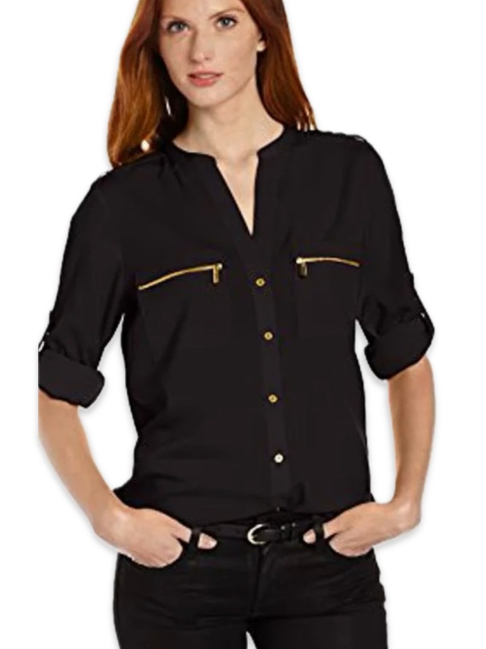 Calvin Klein Black Semi Sheer Blouse with Gold Zipper Accents 💎 - Size Large